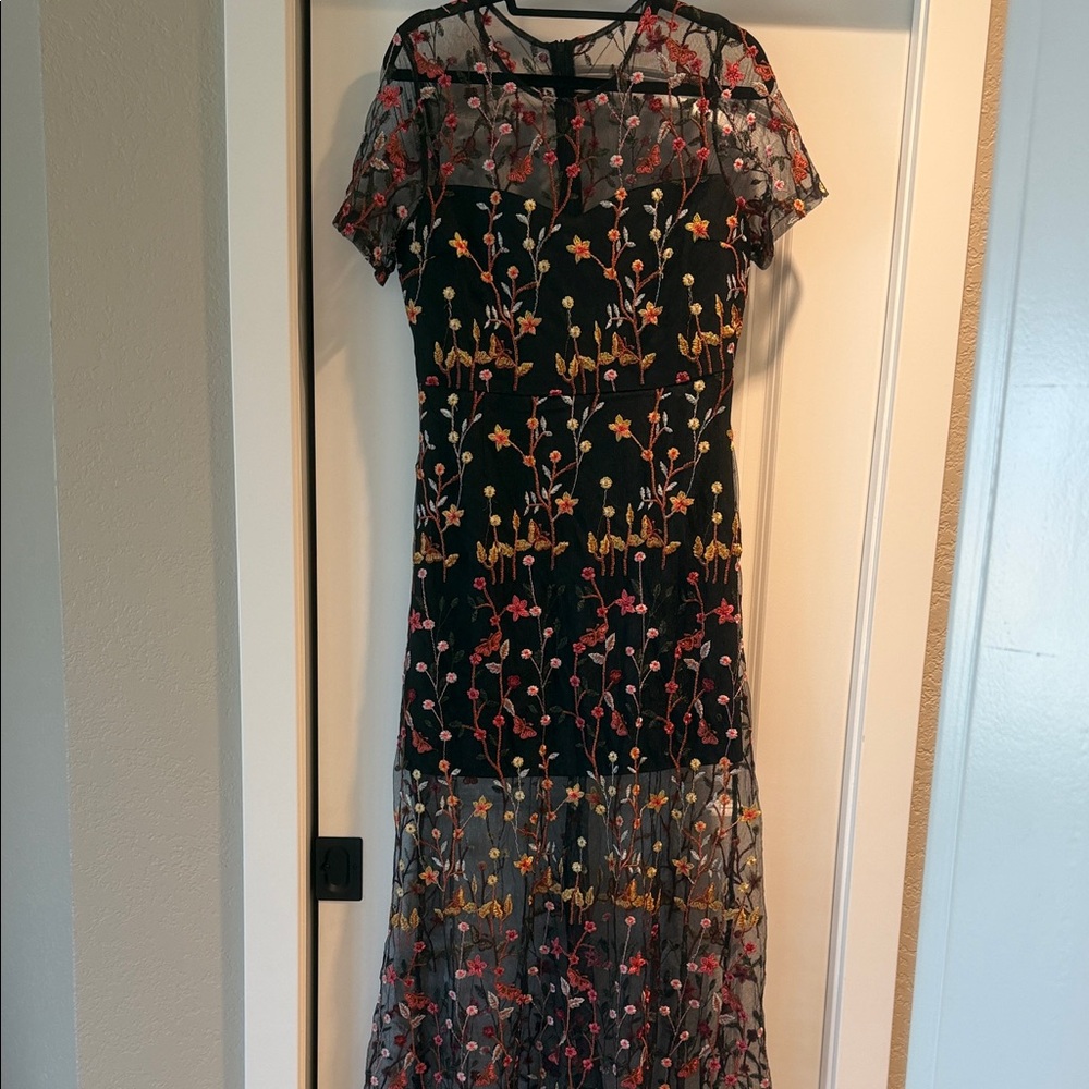 Endless Rose Black Maxi Dress with Pink and Gold Floral Embroidery
